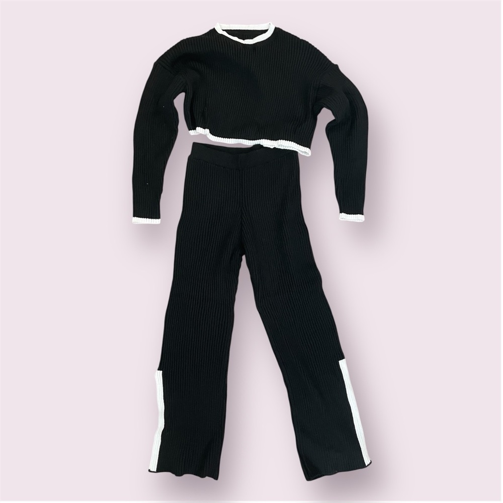 Black Ribbed Sweater Set L Lounge Knit Casual Cozy Wear Shein